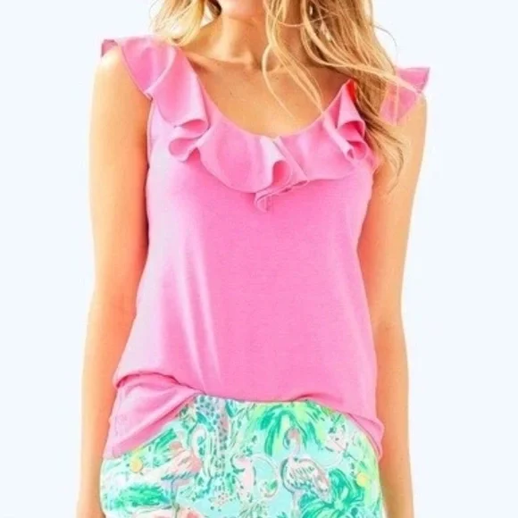 Lilly Pulitzer Alessa Ruffle Tank Top Paradise Pink Size XL - Picture 1 of 4